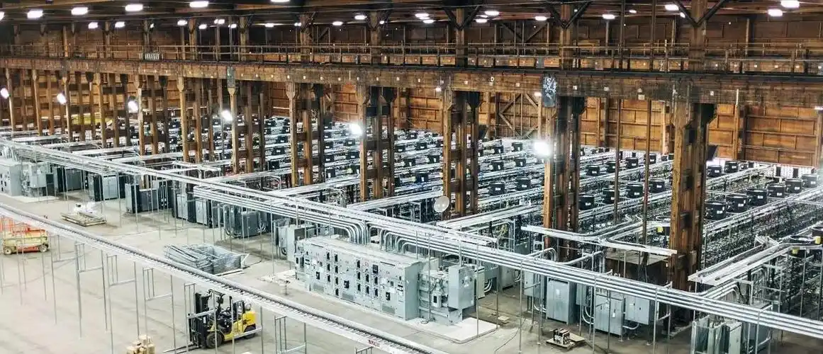 A expansive wind-powered mining farm in action, showcasing sustainable energy integration with cryptocurrency operations